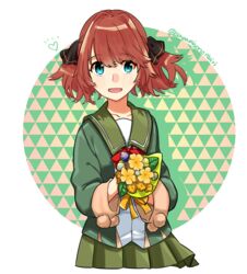  black_ribbon blue_eyes blush bouquet bow bowtie brown_hair candy female flower food fur-trimmed_sleeves fur_trim green_jacket green_sailor_collar green_skirt hachijou_(kancolle) hair_ribbon heart jacket kantai_collection lollipop long_sleeves open_mouth pleated_skirt pom_pom_(clothes) red_bow red_bowtie ribbon sagamiso sailor_collar school_uniform simple_background skirt solo twitter_username yellow_flower 