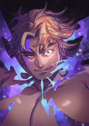  1boy :q alternate_facial_hair bara evil_eyes forked_eyebrows highres huge_pectorals loki_(housamo) long_sideburns looking_at_viewer male_focus mature_male mouth_trail muscular muscular_male naughty_face nude sat0_syohei short_hair sideburns solo thick_eyebrows tokyo_afterschool_summoners tongue tongue_out umbrakinesis uneven_eyes upper_body 