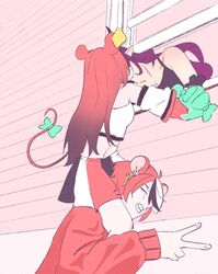  1boy 2girls animal_ears black_hair carrying closed_eyes genderswap_(ftm) hakos_baelz hayko highres himedanshi hololive hololive_english hoshi_(samgoreng) irys_(hololive) kissing leaning_out_of_window long_hair meme mouse_ears mouse_tail multicolored_hair multiple_girls open_window parted_lips pointy_ears purple_hair red_hair rule_63 shoulder_carry tail teeth v virtual_youtuber white_hair window yuri 