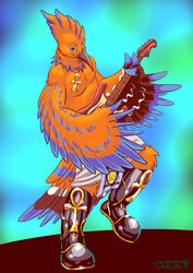  2020 abstract_background ankh anthro avian beak bird blue_body blue_feathers boots bottomwear brown_body brown_feathers bucerotiform clothing digital_media_(artwork) egyptian egyptian_clothing electric_guitar feathered_wings feathers fender_jaguar fender_musical_instruments_corporation footwear guitar hoopoe jewelry john_fell looking_up male musical_instrument necklace orange_body orange_feathers plucked_string_instrument regdeh signature solo standing string_instrument white_body white_feathers wings yellow_eyes 