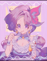  2020 :&gt; :p alternate_costume bad_id bad_twitter_id bare_shoulders big_eyes blue_dress breasts cherry cleavage cleavage_cutout closed_mouth clothing_cutout collarbone commentary_request cream cup curly_hair dated dot_nose dragon_ball dragon_ball_(classic) dress drink earrings eyelashes female fingernails food food-themed_earrings fruit gloves hair_ribbon hands_up high_collar holding holding_cup holding_spoon ice ice_cube jewelry lace lace-trimmed_cuffs lace-trimmed_dress lace_trim large_breasts letterboxed light_blush light_smile long_hair looking_at_viewer lunch_(dragon_ball) lunch_(good)_(dragon_ball) nichihi orange-shaped_earrings purple_background purple_eyes purple_hair purple_theme red_ribbon ribbon shapes simple_background single_glove solo sparkling_eyes spoon symbol_in_eye tareme tongue tongue_out twitter_username upper_body white_gloves wrist_cuffs 