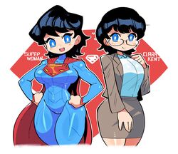  absurdres animification black_hair blouse blue_eyes bodysuit breasts bright_pupils cape character_name clark_kent commentary dc_comics dual_persona female formal genderswap_(mtf) glasses highres large_breasts looking_at_viewer multiple_views narrow_waist rariatto_(ganguri) rule_63 shirt shirt_tucked_in short_hair skirt skirt_suit suit superhero_costume superman_(series) superwoman thick_thighs thighs white_shirt 