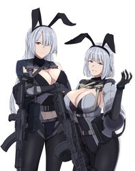  2girls ak-15 ak-15_(girls&#039;_frontline) animal_ears assault_rifle black_legwear black_leotard black_pants braid breasts cyka fake_animal_ears girls&#039;_frontline grey_hair gun hair_over_one_eye highres kalashnikov_rifle large_breasts leotard light_machine_gun long_hair multiple_girls pants pantyhose purple_eyes rabbit_ears rifle rpk-16 rpk-16_(girls&#039;_frontline) short_hair weapon 