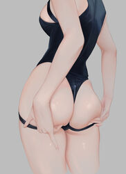  absurdres ass ass_support bbul_horn black_one-piece_swimsuit breasts commentary drawing female from_behind grey_background hands_on_ass head_out_of_frame highres korean_commentary medium_breasts one-piece_swimsuit original simple_background solo standing swimsuit thigh_strap 