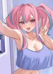  :d absurdres armpits azur_lane blush breasts bremerton_(azur_lane) crop_top crop_top_overhang female highres large_breasts looking_at_viewer midriff mole mole_on_breast mole_under_eye multicolored_hair navel pink_eyes pink_hair purple_shirt shirt smile soar_sora222 solo teeth upper_body upper_teeth_only v 