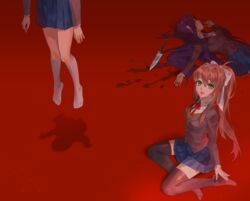  3girls absurdres arms_at_sides black_thighhighs blazer blood blood_splatter blue_skirt bow breasts brown_hair brown_jacket brown_vest buttons closed_eyes collared_shirt commentary curled_fingers death doki_doki_literature_club english_commentary eyebrows_hidden_by_hair facing_viewer feet_out_of_frame full_body green_eyes hair_between_eyes hair_intakes hair_over_shoulder hair_spread_out hairbow hand_up hanged hanging head_out_of_frame highres implied_murder jacket jyuma kneehighs knees_together_feet_apart knife lapels light_particles light_smile long_hair long_sleeves looking_at_viewer lying medium_breasts monika_(doki_doki_literature_club) multiple_girls neck_ribbon no_shoes notched_lapels on_back open_hand open_hands outstretched_arm parted_lips pleated_skirt ponytail purple_hair red_background red_lips red_ribbon ribbon sayori_(doki_doki_literature_club) school_uniform shadow shirt sitting skirt sleeves_past_wrists smile socks spoilers stab suicide thighhighs very_long_hair vest white_bow white_shirt white_socks yokozuwari yuri_(doki_doki_literature_club) zettai_ryouiki 