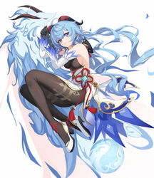  absurdres ahoge bare_shoulders black_gloves black_legwear blue_hair blush bow breasts chinese_knot detached_sleeves eruthika female flower_knot full_body ganyu_(genshin_impact) ganyu_(qilin)_(genshin_impact) genshin_impact gloves gold_trim high_heels highres horns light_smile long_hair looking_at_viewer low_ponytail lying medium_breasts on_side purple_eyes qilin_(mythology) red_rope rope sideboob solo tassel thighlet very_long_hair vision_(genshin_impact) white_sleeves 