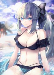  absurdres beach bikini black_bikini blue_eyes blush breasts cleavage closed_mouth cloud cloudy_sky day fate/grand_order fate_(series) female grey_hair hair_ribbon hane_yuki highres looking_at_viewer medium_breasts morgan_le_fay_(fate) navel ocean outdoors palm_tree ponytail ribbon sidelocks sitting sky soaking_hands solo swimsuit tree water wet 