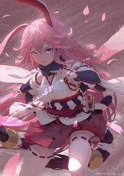  absurdres animal_ears aton_(user_kufr5245) female fox_ears hair_between_eyes highres holding holding_sword holding_weapon honkai_(series) honkai_impact_3rd japanese_clothes katana long_hair looking_at_viewer miko open_mouth petals pink_eyes pink_hair pink_skirt purple_eyes sheath sheathed skirt solo sword teeth thighhighs v-shaped_eyebrows weapon white_thighhighs yae_sakura yae_sakura_(gyakushinn_miko) 