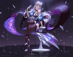  absurdres arm_support asymmetrical_bangs between_breasts black_choker black_garter_straps black_skirt black_thighhighs breasts chinese_commentary choker claw_(weapon) commentary cone_hair_bun cropped_jacket crossed_legs crystal dark_background drop_earrings earrings evelynn_(league_of_legends) eyeshadow female full_body garter_straps hair_bun head_tilt high_heels highres jacket jewelry k/da_(league_of_legends) k/da_all_out_evelynn league_of_legends long_hair looking_at_viewer makeup medium_breasts o-ring open_clothes open_jacket pink_lips purple_eyeshadow purple_jacket revealing_clothes sitting skirt slit_pupils solo strap_between_breasts thighhighs water_drop weapon white_hair yellow_eyes yus 