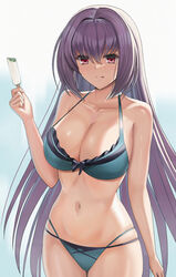  arm_at_side bikini breasts cleavage closed_mouth collarbone fate/grand_order fate_(series) female food green_bikini hand_up highres higofushi holding holding_food large_breasts licking_lips long_hair navel popsicle purple_hair red_eyes scathach_(fate) scathach_skadi_(swimsuit_ruler)_(fate) scathach_skadi_(swimsuit_ruler)_(final_ascension)_(fate) skindentation solo stomach swimsuit tongue tongue_out very_long_hair 