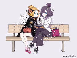  ! !! 2girls abigail_williams_(fate) abigail_williams_(traveling_outfit)_(fate) bag balloon bandaid bandaid_on_face bandaid_on_forehead beamed_sixteenth_notes belt bench black_bow black_footwear black_jacket blonde_hair blue_eyes bow breasts closed_mouth crossed_bandaids crossed_legs eighth_note fate/grand_order fate_(series) forehead grey_background grey_pants hair_bun hair_ornament hairbow hairpin high_collar hood hooded_sweater jacket katsushika_hokusai_(fate) katsushika_hokusai_(traveling_outfit)_(fate) legs long_hair long_sleeves medium_breasts multiple_girls multiple_hair_bows musical_note official_alternate_costume orange_belt orange_bow pants parted_bangs pen polka_dot polka_dot_bow purple_hair red_footwear short_hair shoulder_bag simple_background single_hair_bun sitting sketchbook sleeves_past_fingers sleeves_past_wrists small_breasts smile stuffed_animal stuffed_toy sweater teddy_bear white_sweater zka 