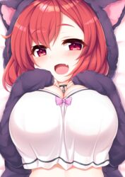  :d absurdres animal_hood azur_lane blush bow breast_suppress breasts breasts_squeezed_together cat_hood choker cleavage crop_top female highres hood hoodie i-19_(azur_lane) i-19_(pillowy_paradise)_(azur_lane) kinomiki_nobori large_breasts lying medium_hair midriff oerba_yun_fang on_back open_clothes open_hoodie oppai_loli red_eyes red_hair skin_fang sleeves_past_wrists smile solo upper_body 