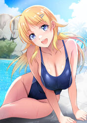  blonde_hair blue_eyes blue_one-piece_swimsuit blue_sky breasts cloud collarbone commentary_request commission competition_swimsuit day feet_out_of_frame female hachimiya_meguru highleg highleg_swimsuit highres idolmaster idolmaster_shiny_colors inue_shinsuke large_breasts long_hair one-piece_swimsuit outdoors rock sitting skeb_commission sky solo swimsuit water yokozuwari 