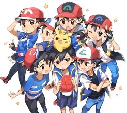  6+boys :d ;d baseball_cap belt belt_buckle black_gloves black_hair blue_footwear blue_jacket blush boots brown_eyes buckle commentary_request crossed_arms double_v fingerless_gloves gloves hair_between_eyes hands_up hat highres holding holding_clothes holding_hat jacket kurage2535 looking_at_viewer male_focus multiple_boys multiple_persona oerba_yun_fang on_head one_eye_closed open_mouth pants parted_lips pikachu pokemon pokemon_(anime) pokemon_(classic_anime) pokemon_(creature) pokemon_bw_(anime) pokemon_dppt_(anime) pokemon_journeys pokemon_on_head pokemon_rse_(anime) pokemon_sm_(anime) pokemon_xy_(anime) red_headwear satoshi_(pokemon) shirt shoes short_hair short_sleeves shorts sleeveless sleeveless_jacket smile spiked_hair star_(symbol) striped_clothes striped_shirt t-shirt unworn_hat unworn_headwear v white_background white_shirt zipper_pull_tab 