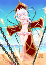  :d absurdres barefoot beach bikini blue_hair chains cross_(weapon) female frilled_bikini frills full_body highres holding holding_chain honkai_(series) honkai_impact_3rd long_hair looking_at_viewer navel open_mouth pink_bikini sand side_ponytail smile solo standing swimsuit theresa_apocalypse toes water waves white_hair xiao_shi_lullaby 