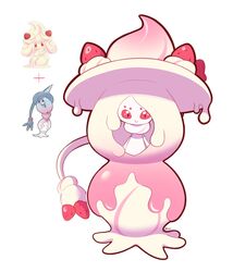  :&gt; alcremie alcremie_(ruby_swirl) alcremie_(strawberry_sweet) alcremie_(vanilla_cream) artsy-rc closed_mouth food fruit fusion hatterene highres looking_at_viewer official_art_inset pokemon pokemon_(creature) signature simple_background smile solo strawberry white_background 