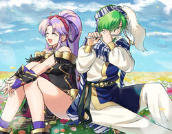  1boy absurdres back-to-back betabetamaru black_dress closed_eyes commentary_request dress female fire_emblem fire_emblem:_genealogy_of_the_holy_war fire_emblem_heroes flute green_hair highres instrument lewyn_(fire_emblem) long_hair music open_mouth own_hands_together playing_instrument ponytail purple_hair sitting smile tailtiu_(fire_emblem) tailtiu_(resplendent)_(fire_emblem) 