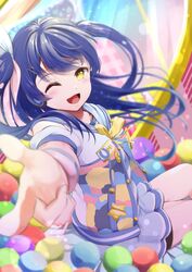  ball birthday blue_hair breasts commentary female finger_gun hair_ornament hayaoki_(asagi-iro_seishun-bu) headphones highres long_hair love_live! love_live!_school_idol_project one_eye_closed open_mouth small_breasts smile solo sonoda_umi two_side_up yellow_eyes 