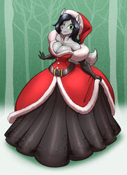  armwear ball_gown belt black_hair breasts canid canine canis christmas cleavage clothed clothing dress elbow_gloves female gloves gown green_eyes hair handwear hi_res holidays mammal pupils slit_pupils solo toughset wolf 