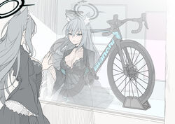  absurdres against_glass animal_ears bianchi_(company) bicycle black_dress blue_archive blue_eyes breasts broken_halo choker cleavage cross_hair_ornament dark_halo dress extra_ears female frilled_sleeves frills grey_hair hair_ornament halo highres large_breasts long_hair mismatched_pupils reflection shiroko_(blue_archive) shiroko_terror_(blue_archive) solo t1kosewad wide_sleeves window wolf_ears 