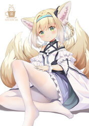  aliter animal_ear_fluff animal_ears arknights bare_shoulders blonde_hair blue_hairband blush braid braided_hair_rings breasts closed_mouth commentary female fox_ears fox_girl fox_tail frilled_skirt frills green_eyes hair_between_eyes hair_rings hairband highres infection_monitor_(arknights) kitsune multicolored_hair no_shoes pantyhose purple_skirt shirt sidelocks skirt small_breasts smile solo suzuran_(arknights) tail thighband_pantyhose twin_braids two-tone_hair white_background white_hair white_pantyhose white_shirt 