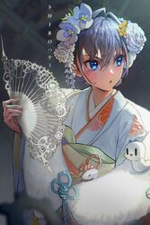  artist_name blue_eyes blue_hair blush boros_(ouro_kronii) commentary english_commentary female flower folding_fan fur_trim hair_between_eyes hair_flower hair_ornament hand_fan highres holding holding_fan hololive hololive_english japanese_clothes kimono looking_away looking_to_the_side obi official_alternate_costume open_mouth ouro_kronii ouro_kronii_(new_year) sash shirohayami short_hair solo upper_body v-shaped_eyebrows virtual_youtuber 