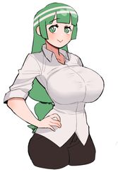  :&gt; black_pants blunt_bangs breasts commentary_request cropped_legs drawlomong24 female green_eyes green_hair hand_on_own_hip highres impossible_clothes impossible_shirt korean_commentary large_breasts long_hair long_sleeves looking_at_viewer low-tied_long_hair original pants shirt simple_background sleeves_rolled_up smile solo white_background white_shirt 