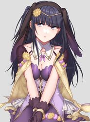  alternate_costume animal_ears black_gloves black_hair blunt_bangs blush breasts cape cleavage closed_mouth collarbone commentary detached_collar fake_animal_ears female fire_emblem fire_emblem_awakening fire_emblem_heroes flower gloves grey_background grey_eyes hair_flower hair_ornament highres jewelry long_hair looking_away official_alternate_costume own_hands_together pantyhose peach11_01 playboy_bunny purple_pantyhose rabbit_ears simple_background sitting solo tharja_(fire_emblem) tharja_(spring)_(fire_emblem) tiara twintails twitter_username wariza yellow_cape yellow_flower 