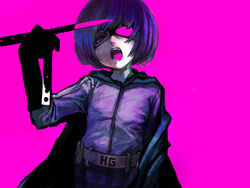  belt bob_cut cape commentary_request female gloves highres hit-girl kick-ass knife looking_at_viewer mask open_mouth partial_commentary photoshop_(medium) purple_hair ritsu_(roboroboro) short_hair simple_background skirt solo 