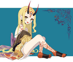  absurdres bare_shoulders beads blonde_hair blue_background border breasts earrings facial_mark fangs fate/grand_order fate_(series) feet female fingernails floral_print forehead forehead_mark hair_pulled_back highres horns ibaraki_douji_(fate) japanese_clothes jewelry kimono knees_up legs long_hair long_sleeves looking_at_viewer obi oni oni_horns open_mouth photoshop_(medium) pointy_ears sash sharp_fingernails sitting small_breasts smile solo tattoo torry912 white_border wide_sleeves yellow_eyes yellow_kimono 