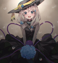  :d absurdres adapted_costume aqua_eyes black_dress black_hat blue_flower blue_rose bouquet breasts commentary cowboy_shot dress female flower frilled_dress frills gothic_lolita grey_background grey_hair hair_between_eyes hair_flower hair_ornament hat hat_flower heart heart-shaped_pupils heart_of_string highres holding holding_bouquet kani_nyan komeiji_koishi lolita_fashion long_dress long_sleeves looking_at_viewer medium_hair open_mouth petals ribbon rose small_breasts smile solo standing symbol-shaped_pupils thick_eyebrows third_eye touhou yellow_flower 