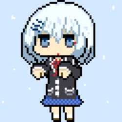  blazer blue_eyes commentary_request date_a_live expressionless female hair_between_eyes hair_ornament hairclip jacket long_sleeves pixel_art raizen_high_school_uniform ribbon school_uniform short_hair skirt solo standing stars-xc tobiichi_origami uniform white_hair 