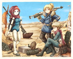  3girls android animification bd-3000_secretary_droid binoculars blonde_hair blue_jacket breasts commentary_request desert droid gun holding holding_gun holding_weapon hood jacket looking_down md5_mismatch medium_breasts multiple_girls nosh over_shoulder red_hair red_scarf rifle robot sandcrawler scarf short_hair sniper_rifle star_wars tatooine tied_hair weapon 