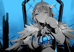  ahoge amatsuka_uto angel_wings barbed_wire blue_background blue_eyes blue_hair blue_theme collar crossed_legs crown detached_sleeves feathered_wings female fur_trim hair_ornament hairclip highres indie_virtual_youtuber king_(vocaloid) long_hair looking_at_viewer monochrome one_eye_closed parody ribbon sitting smile solo throne unworn_crown virtual_youtuber wings zen_juraku 