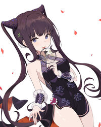  absurdres bare_shoulders black_dress blue_eyes blunt_bangs blush breasts china_dress chinese_clothes cleavage detached_sleeves dress fate/grand_order fate_(series) female hair_ornament highres leaf_hair_ornament long_hair looking_at_viewer medium_breasts open_mouth petals purple_hair side_slit sidelocks simple_background smile solo thighs torry912 twintails very_long_hair white_background yang_guifei_(fate) yang_guifei_(second_ascension)_(fate) 