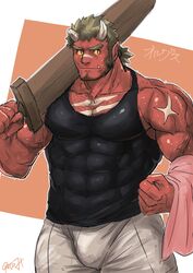  1boy bara bare_arms bare_shoulders black_tank_top broken_horn brown_hair bulge chest_hair colored_sclera covered_abs covered_navel cowboy_shot facial_hair highres horns large_pectorals long_sideburns looking_at_viewer male_focus medium_hair monster_boy muscular muscular_male oerba_yun_fang oni oni_horns orgus_(f-kare) over_shoulder oyatu55k pectorals shorts shoukan_yuusha_to_f-kei_kareshi sideburns solo stubble sword sword_over_shoulder tank_top thick_eyebrows thick_thighs thighs tied_hair towel tusks veins weapon weapon_over_shoulder white_shorts wooden_sword yellow_sclera 