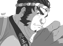  1boy bara chest_hair facial_hair goatee greyscale hachimaki happi headband hijirino_yuuta japanese_clothes long_sideburns looking_at_viewer male_focus mature_male monochrome muscular muscular_male nejiri_hachimaki oerba_yun_fang pectorals short_hair sideburns solo tajikarao_(housamo) tokyo_afterschool_summoners tusks upper_body 