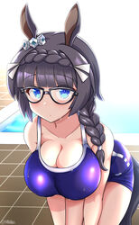  animal_ears bent_over black-framed_eyewear black_hair blue_eyes breasts cleavage collarbone commentary_request female glasses hair_ornament highres horse_ears horse_girl horse_tail isemagu large_breasts one-piece_swimsuit pool school_swimsuit solo swimsuit tail tracen_swimsuit umamusume wet zenno_rob_roy_(umamusume) 