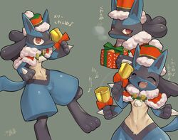  2020 absurd_res ambiguous_gender anthro bell blue_body blue_fur blush bulge canid canine christmas clothed clothing collage_(disambiguation) crotch_tuft featureless_crotch fur generation_4_pokemon grey_background hat headgear headwear hi_res holidays japanese_text looking_at_viewer lucario mammal navel nintendo pokemon pokemon_(species) pokemon_cafe_remix red_eyes shaolin_bones simple_background smile solo text tuft 