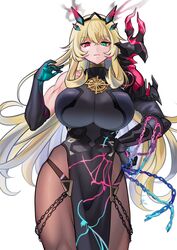  asakou_(n_morninglight) barghest_(fate) barghest_(second_ascension)_(fate) blonde_hair bodystocking breasts cowboy_shot fate/grand_order fate_(series) female green_eyes heterochromia highres horns huge_breasts long_hair looking_at_viewer muscular muscular_female pantyhose pelvic_curtain red_eyes solo 