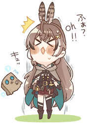  &gt;_&lt; ^^^ asymmetrical_legwear bag belt blush_stickers brown_hair capelet chibi commentary diamond_mouth feather_hair_ornament feathers female friend_(nanashi_mumei) full_body hair_ornament hairclip highres hololive hololive_english long_hair mismatched_legwear nanashi_mumei nanashi_mumei_(1st_costume) nervous_sweating paper_bag same_anko simple_background skirt solo sweat symbol-only_commentary very_long_hair virtual_youtuber white_background 