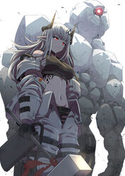  arknights arms_at_sides bare_shoulders black_gloves black_sports_bra breasts commentary english_commentary female gloves glowing glowing_eye grey_hair hair_ornament highres holding holding_weapon horns large_breasts long_hair long_sleeves material_growth monster mudrock_(arknights) mudrock_(elite_ii)_(arknights) mudrock_colossus_(arknights) navel open_clothes oripathy_lesion_(arknights) pointy_ears red_eyes samacho sarashi simple_background solo sports_bra standing stomach thigh_strap weapon white_background 