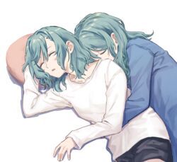  2girls akni aqua_hair bang_dream! black_shorts blue_shirt closed_eyes commentary_request covered_mouth cowboy_shot hair_between_eyes hair_down hand_up hikawa_hina hikawa_sayo hug hug_from_behind korean_commentary long_hair long_sleeves lying medium_hair multiple_girls on_side one_eye_covered parted_lips pillow shirt shorts siblings sisters sleeping swept_bangs twins wavy_hair white_shirt 