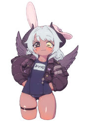  amaryllis_gumi animal_ears black_eyes black_wings blue_one-piece_swimsuit bridal_garter closed_mouth commentary_request female feral_lemma hands_on_own_hips heterochromia highres horns jacket long_sleeves old_school_swimsuit one-piece_swimsuit purple_jacket rabbit_ears school_swimsuit short_hair simple_background smile solo swimsuit thighs virtual_youtuber white_background white_hair wings yellow_eyes yotsutsuji_mayoi 