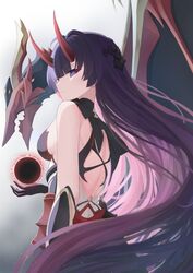  back bare_shoulders black_gloves breasts closed_mouth dragon elbow_gloves female gloves hair_between_eyes highres honkai_(series) honkai_impact_3rd horns hukw kurikara_(honkai_impact) long_hair looking_at_viewer looking_back purple_eyes purple_hair raiden_mei raiden_mei_(herrscher_of_thunder) sideboob solo 