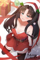  absurdres black_hair black_thighhighs blue_eyes breasts christmas fate/stay_night fate_(series) female gift gloves hat highres long_hair megu_(pixiv9460065) santa_costume santa_hat smile solo thighhighs thighs tohsaka_rin twintails two_side_up 