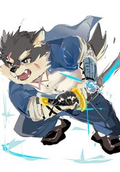  anthro armguards blue_eyes canid canine canis clothing domestic_dog drawing_sword eyebrows fur grey_body grey_fur hi_res katana lifewonders male mammal melee_weapon moritaka_(tas) popcornduck2 scar school_uniform solo sword thick_eyebrows tokyo_afterschool_summoners uniform weapon 