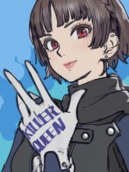  blue_background blush bodysuit braid breasts brown_hair crown_braid english_text female gloves highres looking_at_viewer medium_breasts niijima_makoto persona persona_5 poechan_chan queen_(band) red_eyes shiny short_hair simple_background smile solo upper_body white_gloves 