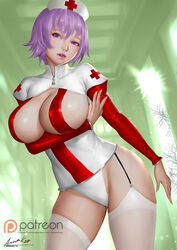  ariverkao ass_visible_through_thighs breasts breasts_out dated female garter_straps hat large_breasts lips long_sleeves looking_at_viewer nurse_cap original parted_lips patreon_logo puffy_long_sleeves puffy_sleeves purple_eyes purple_hair short_hair signature solo standing thighhighs white_thighhighs 